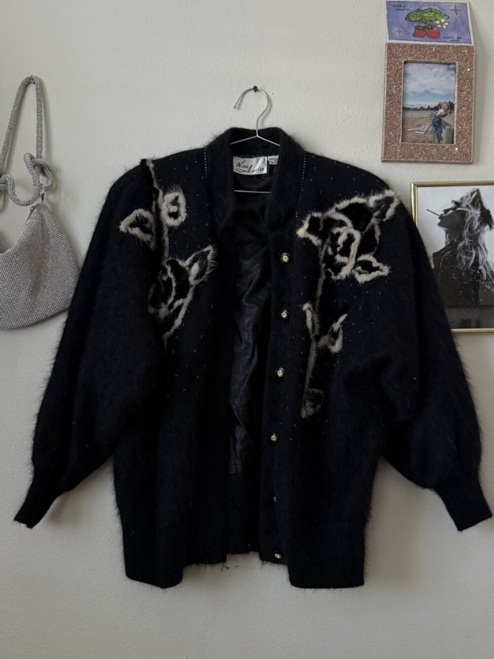 Vintage 80s Nina Austin Black Angora Cardigan Real Mink Fur Rose Rhinestone M